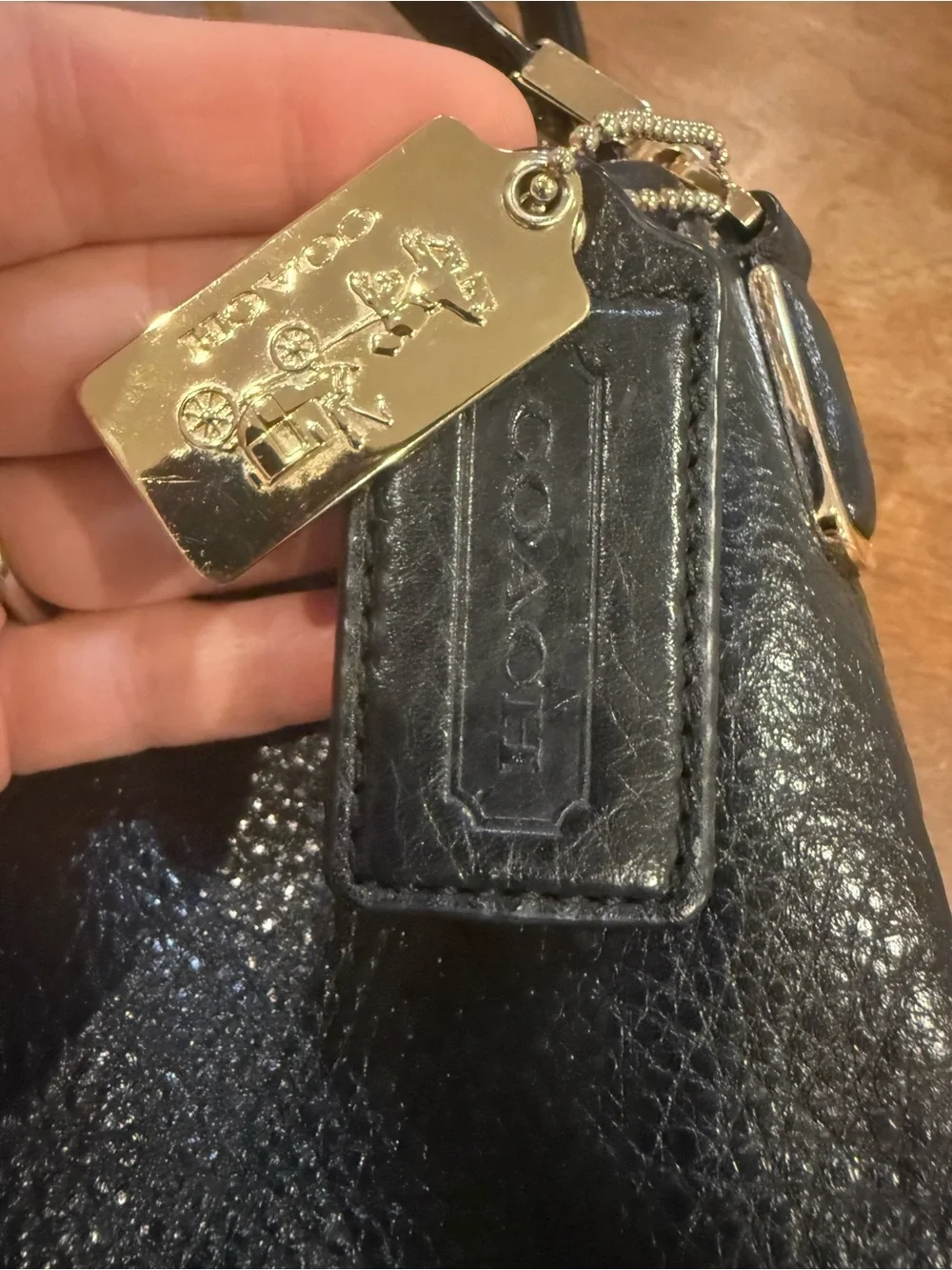 Coach Madison Phoebe Pebble Leather Shoulder Bag Tumbled Navy Lined Black Gold